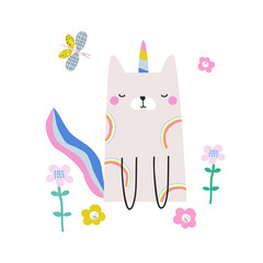 Cute cat unicorn with rainbows. Childish graphic. Vector hand drawn illustration.