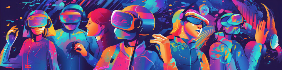Immersive Virtual Reality Experience: Man and Woman Wearing VR Glasses in a Futuristic Digital Environment.  Banner background illustration with copy space. AI Generative