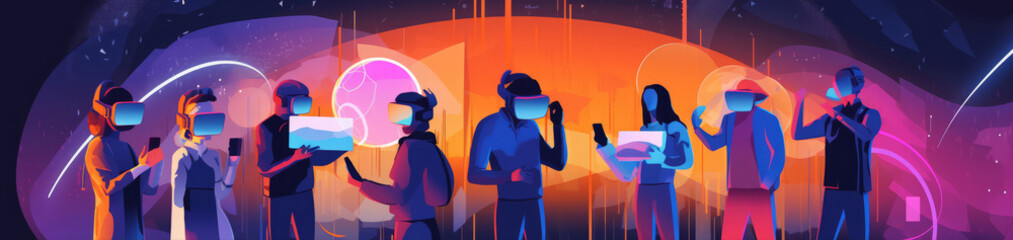 Navigating the Metaverse: Compelling Illustration of Man and Woman Equipped with VR Headsets in a Boundless Virtual Realm. Banner background illustration with copy space. AI Generative