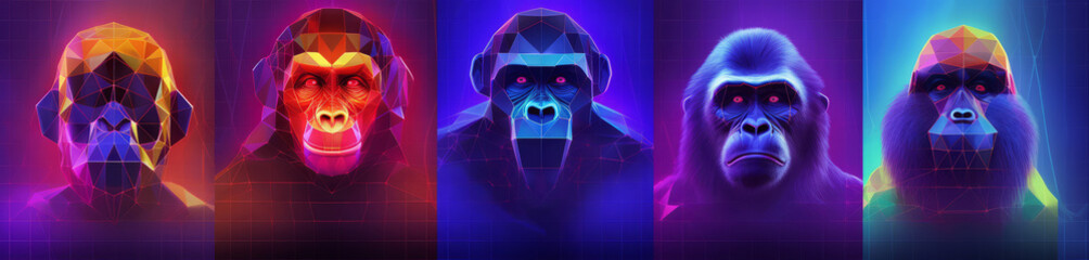 Metaverse Monkey Avatars: Portraits of Simian Characters in Virtual Reality Environments. Banner background illustration with copy space. AI Generative