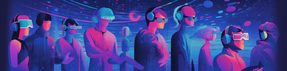 Metaverse Exploration: Striking Illustration of a Man and Woman in VR Gear Immersing Themselves in a Virtual Universe. Banner background illustration with copy space. AI Generative