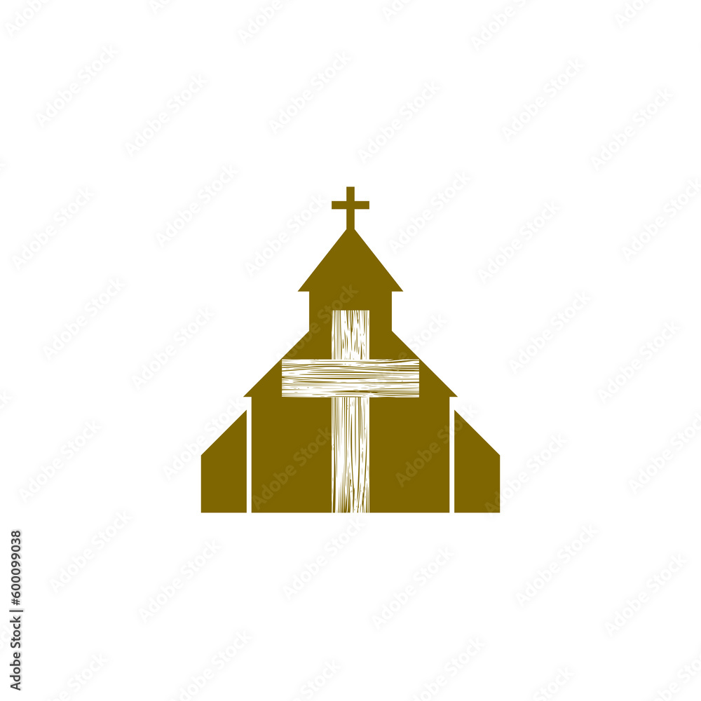 Wall mural Church building and wooden cross icon isolated on transparent background