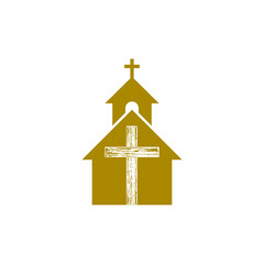 Church building and wooden cross icon isolated on transparent background