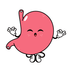 Cute funny Stomach doing yoga character. Vector hand drawn traditional cartoon vintage, retro, kawaii character illustration icon. Isolated on white background. Stomach relax character