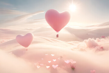 Fototapeta na wymiar bright pink ethereal cloudy landscape ,hearts , roses and balloons , love , romance and wedding concept , honeymoon greeting card atmosphere