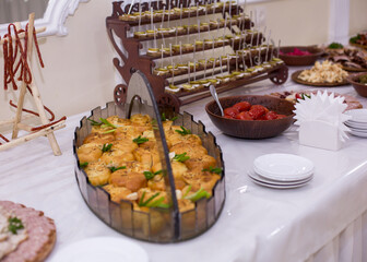 Buffet table. Various meat snacks. Wedding banquet, rich cuisine. Buffet. Appetizing snacks
