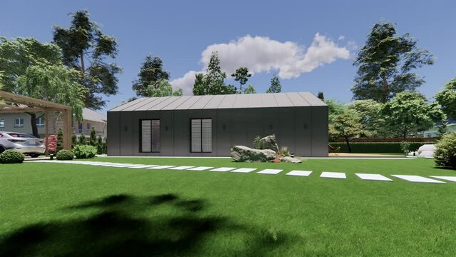 Exterior of a modern house with a garden, 3D animation.