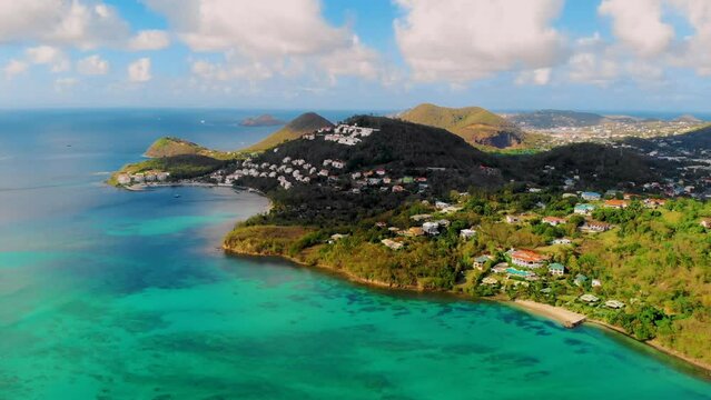Saint Lucia Castries from above with luxury hotels, St Lucia tropical Island with the blue turqouse colored ocean. 