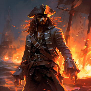a comics cover ink digital painting Hd, detailed of a cursed pirate looking like young jack sparrow showing dices cursed by ghost, looking dramatic, burning ships behind him, oil painting style, low f