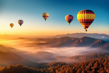 Obraz premium Colorful hot air balloons flying over mountain. Stunning morning light and epic compostion. AI Generative