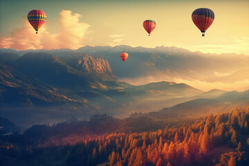 Colorful hot air balloons flying over mountain. Stunning morning light and epic compostion. AI Generative