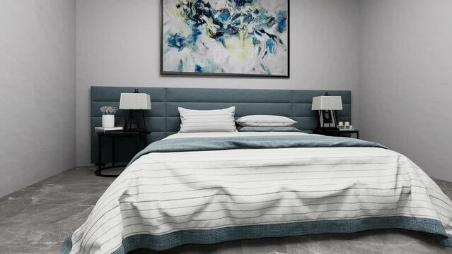 Modern bedroom design, bedroom interior design 3D animation.	