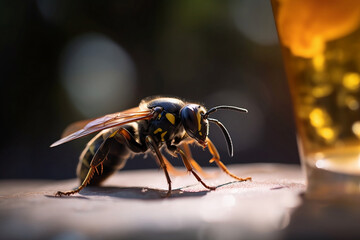 Wasp insect on table next to drinking glass. Generative AI illustration