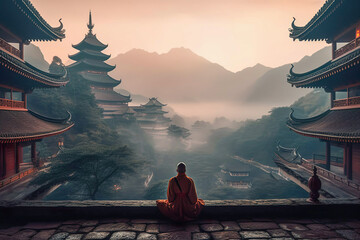 Ein meditierender Mönch vor einem chinesischen Tempel, im Hintergrund neblige Berge (Genertaive KI) - obrazy, fototapety, plakaty