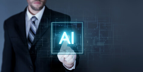 AI Künstliche Intelligenz, Data Science, Informationstechnologie Konzept. Geschäftsmann berührt...