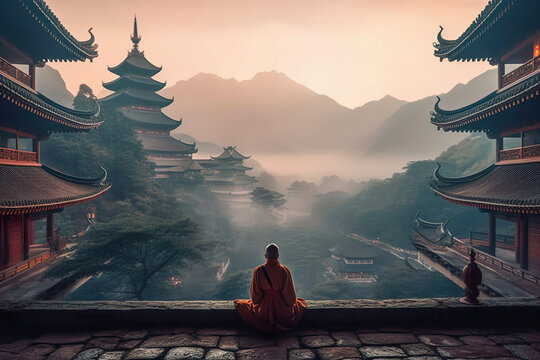 Ein meditierender Mönch vor einem chinesischen Tempel, im Hintergrund neblige Berge (Genertaive KI)