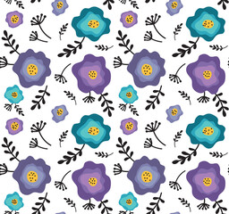 Vector colorful  seamless pattern with flowers and branches. Abstract background in doodle style