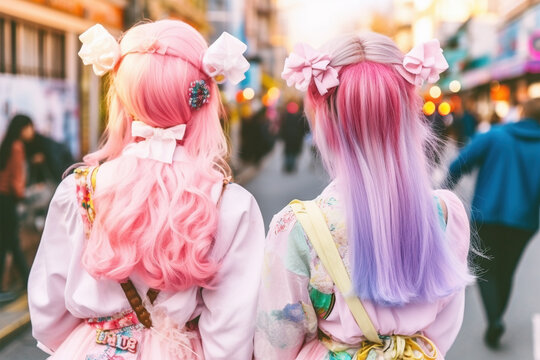 Back view of young woman in Japanese Harajuku street fashion style with pastel colored hair and cute clothes. Generative AI illustration