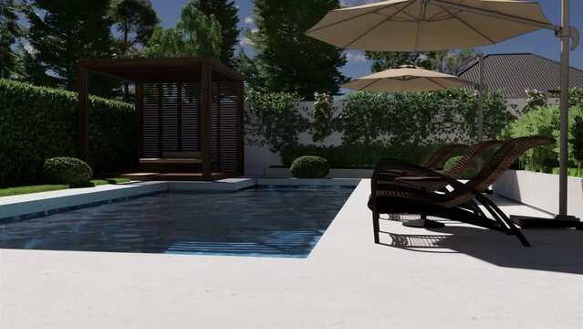 Garden with swimming pool and seating area. 3D video.