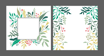 Flower and leaf frame, botanical wreath, border, garland, decoration. Social media background. Postcard, greeting card, wedding invitation and banner.