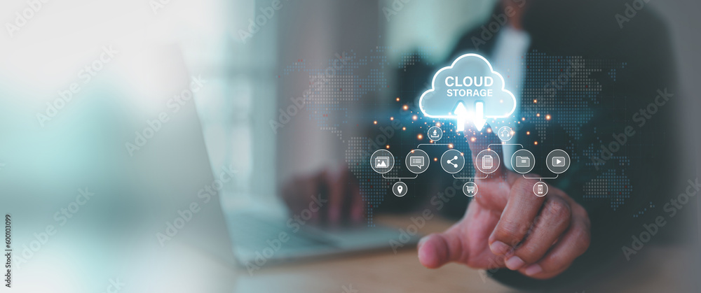 Poster database storage cloud technology file data transfer sharing, cyber, big data information for financ