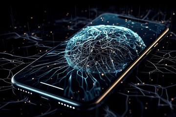 artificial intelligence with neural networks on smartphone screen. Concept of digital smart technologies of future. Generative AI