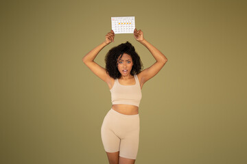 Sad angry dissatisfied millennial curly african american lady with open mouth show calendar