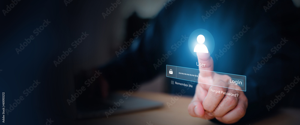 Poster businessman use laptop login register username and password identity on webpage concepts of cyber se