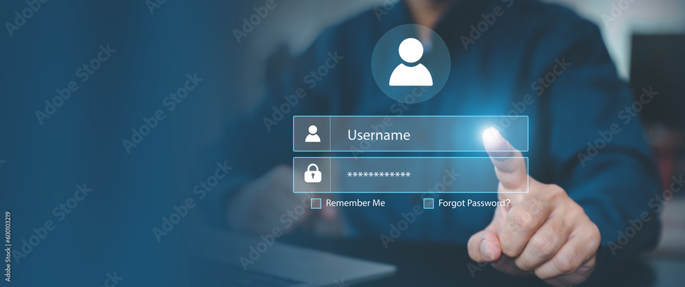 Poster businessman use laptop login register username and password identity on webpage concepts of cyber se