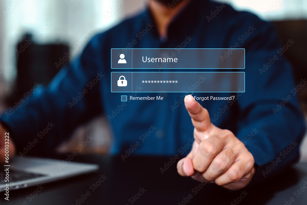 Poster businessman use laptop login register username and password identity on webpage concepts of cyber se