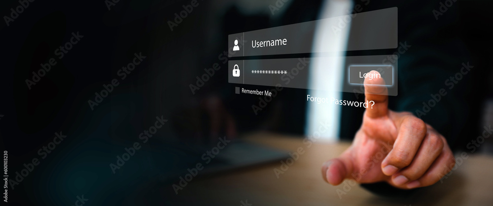 Poster businessman use laptop login register username and password identity on webpage concepts of cyber se