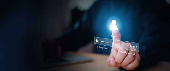 Businessman use laptop login register username and password identity on webpage concepts of cyber security, internet access, join social or personal data protection or forget pass key unlock.