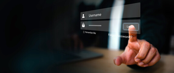 Businessman use laptop login register username and password identity on webpage concepts of cyber security, internet access, join social or personal data protection or forget pass key unlock.
