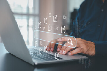 Data document content management system search and online file transfer download or doc sharing and database digital cloud drive storage service on computer network technology analytics concepts