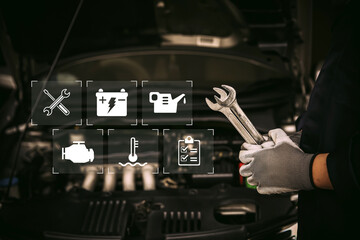 Car care maintenance and servicing, Hand technician auto mechanic using the wrench to fix car or repairing change spare part engine problem and insurance service support the range of car check.