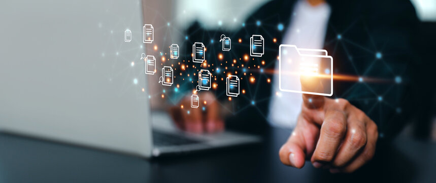 Data document content management system search and online file transfer download or doc sharing and database digital cloud drive storage service on computer network technology analytics concepts