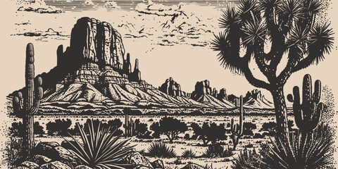 Mountain desert texas background landscape. Wild west western adventure explore inspirational vibe. Graphic Art. Engraving Vector - obrazy, fototapety, plakaty