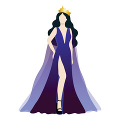 Vector illustration of a beauty queen in dark blue and purple evening gown on white background