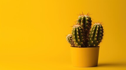 Cactus in yellow pot on yellow background with copy space, Minimal style.Generative Ai