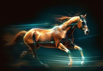 Obraz na płótnie Canvas Digital illustration of a horse in the colour background with light lines and particles, generative ai