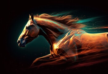 Obraz na płótnie Canvas Horse portrait in fire flames on dark background. Digital painting, generative ai