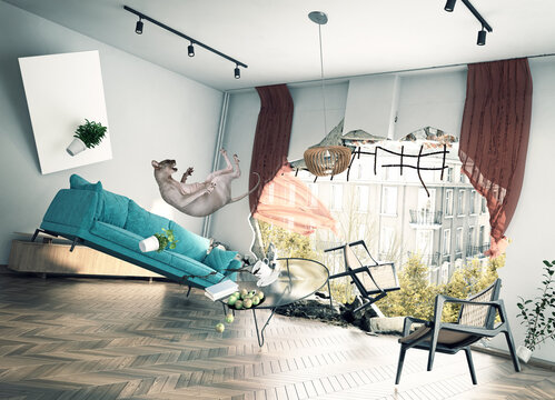 Illustration of a destroyed room with scattered debris and a startled flying cat