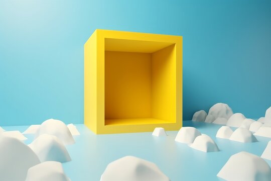Abstract 3D rendering of a yellow box with white clouds in the background, generative ai