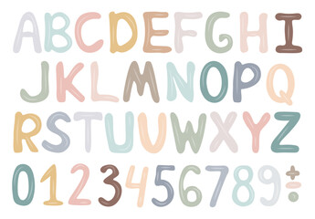 Hand drawn Children  alphabet multicolor poster, ABC Poster, Kids Educational illustration with font, Nursery Wall art, Letters Print, School Nursery Font and numbers clipart