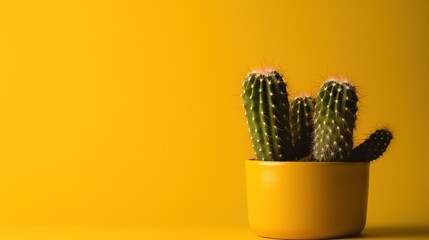 Cactus in yellow pot on yellow background with copy space, Minimal style.Generative Ai