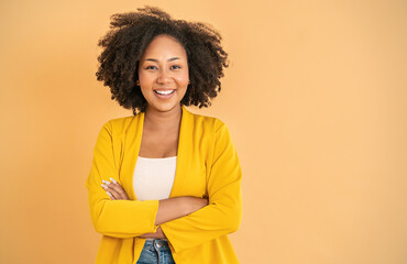 Portrait smile confident business designer black woman yellow suit office. Black business girl Startup successful power business leader women executive people looking copy space isolated on yellow - obrazy, fototapety, plakaty