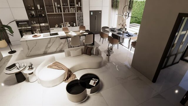Living room kitchen interior design open space, 3D animation.