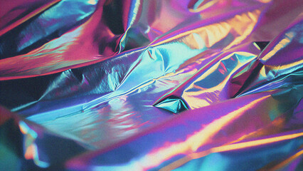 abstract holographic background foil texture.
90s / Vaporwave / grain texture / pastel colors / rainbow colors / noise / metallic / ai generated 