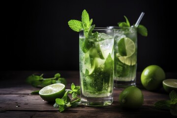 AI GENERATIVE, Refreshing summer alcoholic cocktail mojito with ice, fresh mint and lime
