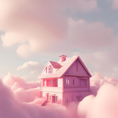 Pink house in the clouds. Generative AI.